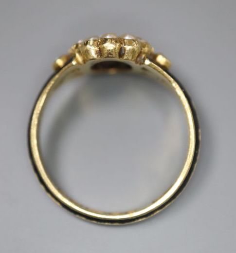 A Victorian 18ct gold, black enamel, seed pear and hardstone set oval mourning ring
